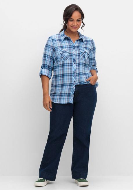 sheego Karierte Flanellbluse mit Brusttaschen - mittelblau-blau kariert sheego Top Angebot
