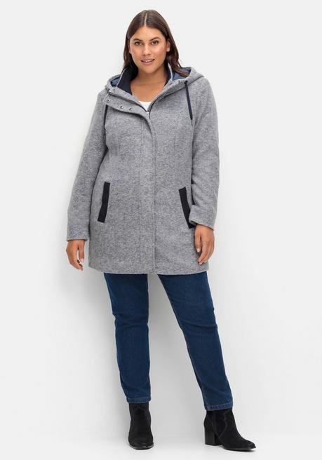 sheego Lange Kapuzenjacke mit Kontrastdetails - grau meliert sheego Im Verkauf