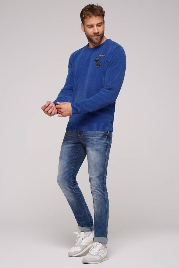 Soccx Chenille-Pullover Stone Washed mit Patches strong blue Limitierter Zeitrabatt