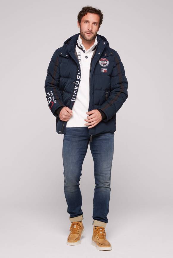 Soccx Lange Steppjacke mit Kapuze und Rücken-Artwork blue navy Saisonschlussverkauf