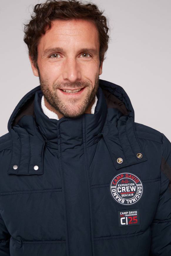 Soccx Lange Steppjacke mit Kapuze und Rücken-Artwork blue navy Saisonschlussverkauf