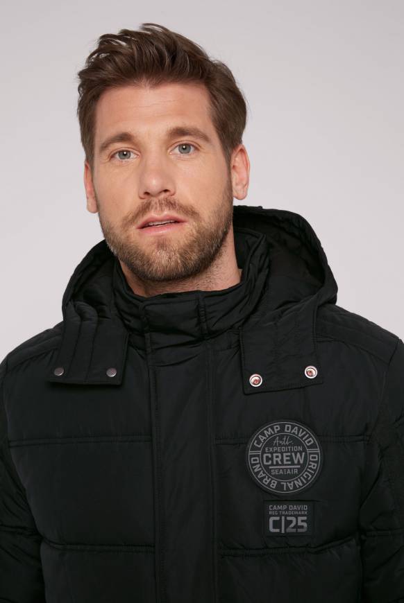 Soccx Lange Steppjacke mit Kapuze und Rücken-Artwork black Weihnachtsangebot