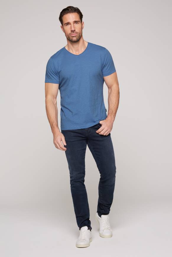 Soccx Basic T-Shirt V-Neck mit Used-Kante sky blue Fabrik Onlineshop