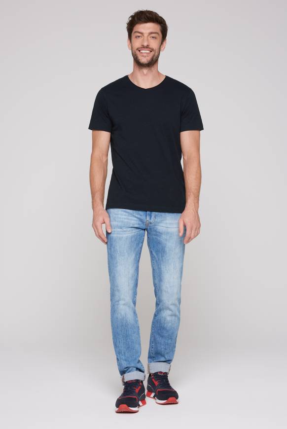 Soccx Basic T-Shirt V-Neck mit Used-Kante blue navy Großer Ausverkauf