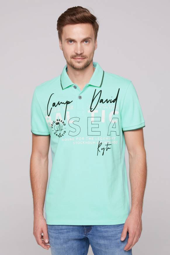 Soccx Poloshirt aus Pikee mit Rubber Print flash aqua Im Verkauf