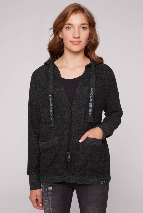 Soccx Offener Kurz-Cardigan mit Kapuze black melange Schlussverkauf