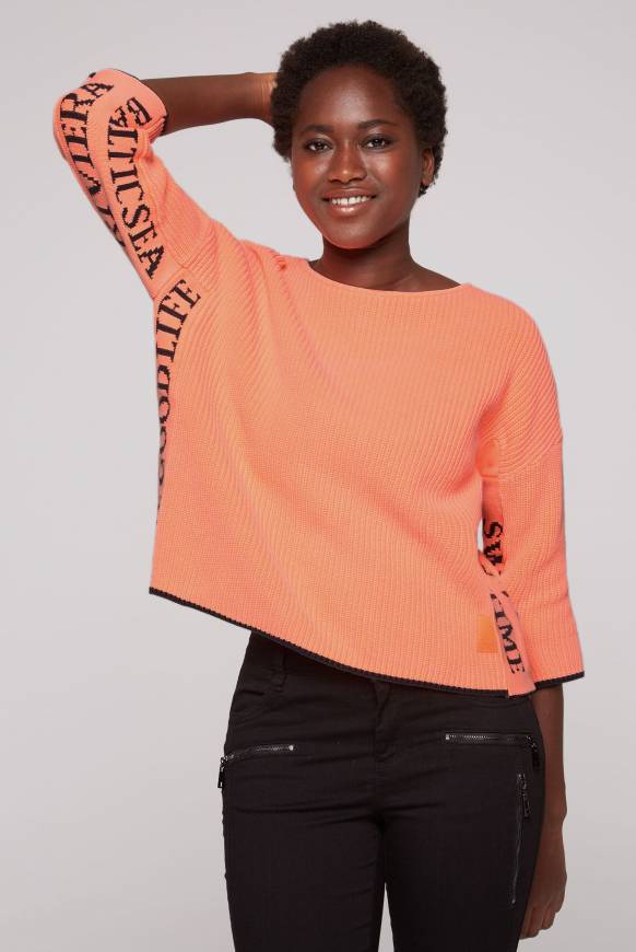 Soccx Stone Washed Pullover mit Intarsia-Design neon orange