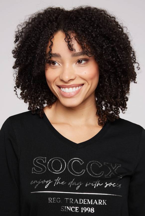 Soccx T-Shirt mit V-Ausschnitt und Print black Bis zu 50% Rabatt