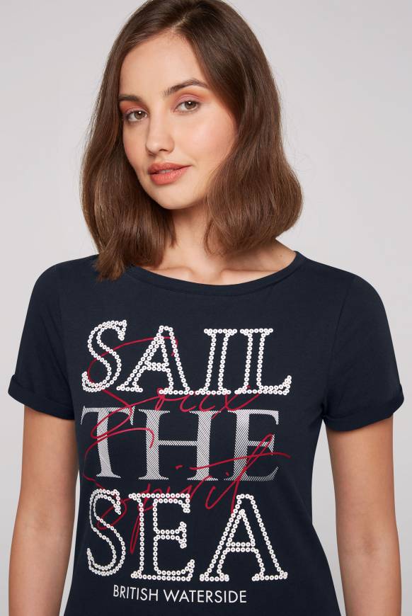 Soccx T-Shirt mit U-Boot-Ausschnitt und Glossy-Pailletten-Print blue navy Sonderangebot der Fabrik