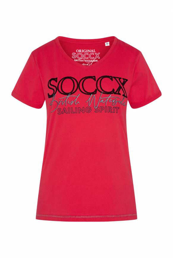 Soccx T-Shirt mit V-Ausschnitt und Glitter Print clear red Vierteljährliche Förderung