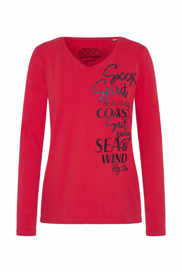 Soccx Longsleeve mit V-Ausschnitt und Glitter-Puff-Prints clear red Nur noch ein Tag übrig