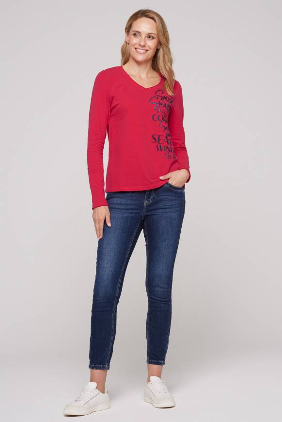 Soccx Longsleeve mit V-Ausschnitt und Glitter-Puff-Prints clear red Nur noch ein Tag übrig