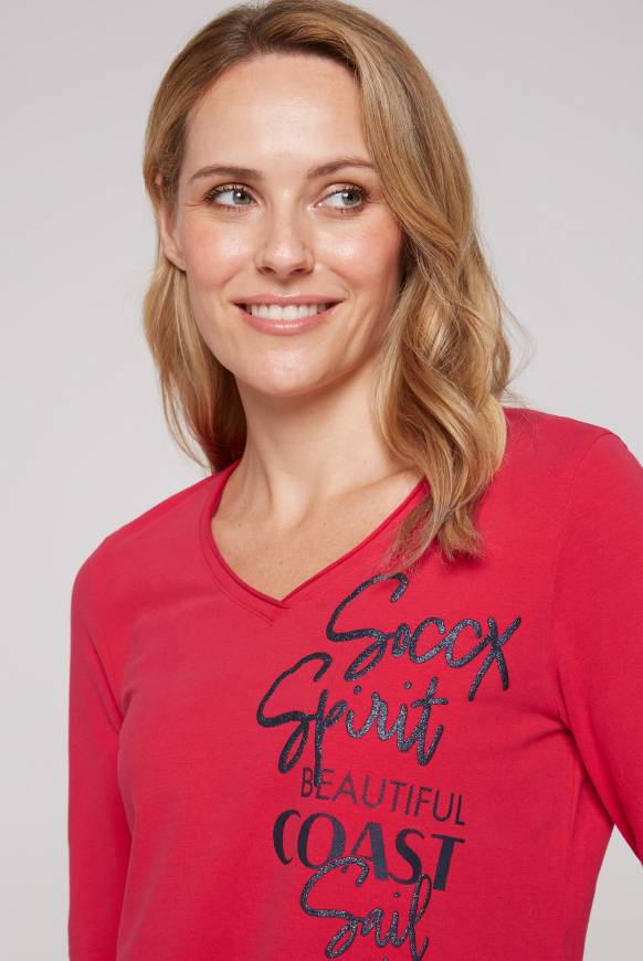 Soccx Longsleeve mit V-Ausschnitt und Glitter-Puff-Prints clear red Nur noch ein Tag übrig