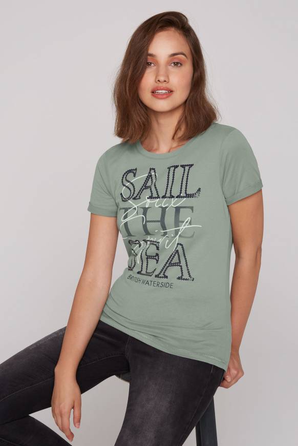 Soccx T-Shirt mit Rundhalsausschnitt und Glossy-Pailletten-Print muted aqua 50% Rabatt mit kostenlosem Versand