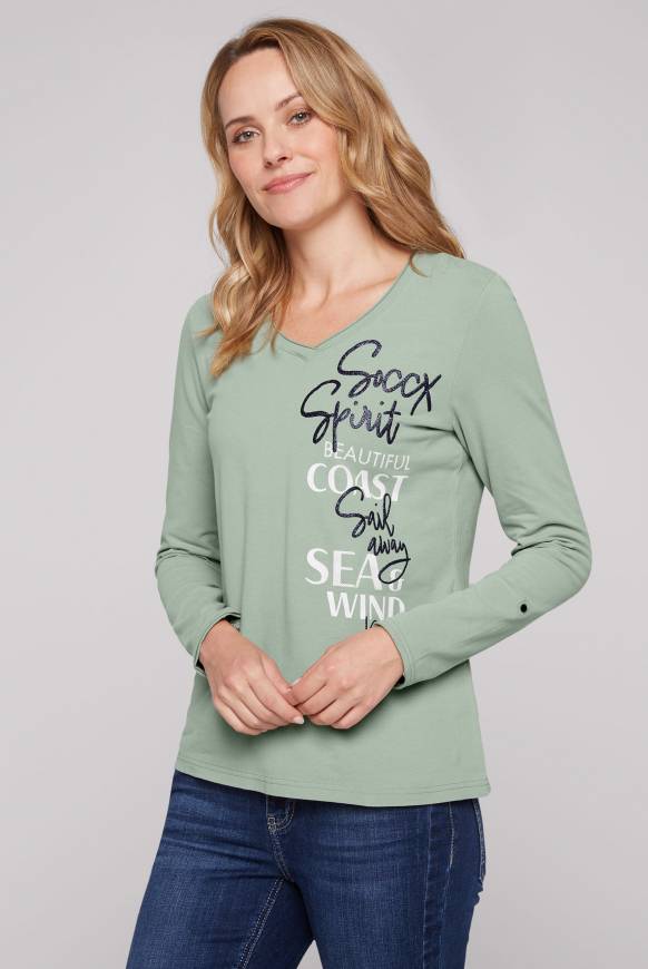 Soccx Longsleeve mit V-Ausschnitt und Glitter-Puff-Prints muted aqua Clearance-Verkauf