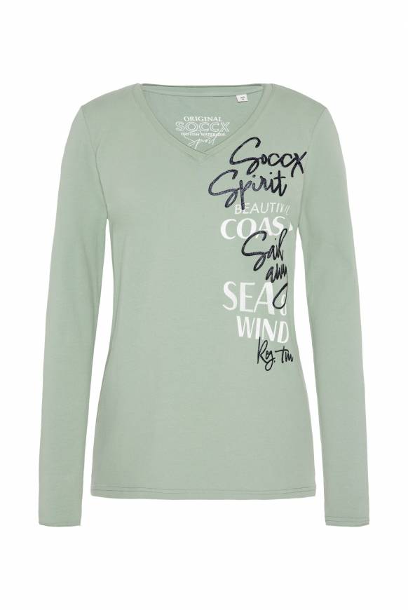 Soccx Longsleeve mit V-Ausschnitt und Glitter-Puff-Prints muted aqua Clearance-Verkauf
