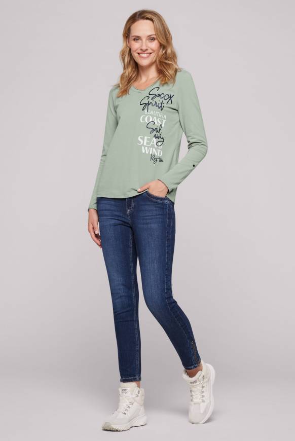 Soccx Longsleeve mit V-Ausschnitt und Glitter-Puff-Prints muted aqua Clearance-Verkauf