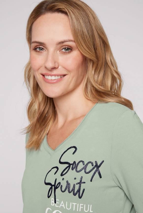 Soccx Longsleeve mit V-Ausschnitt und Glitter-Puff-Prints muted aqua Clearance-Verkauf