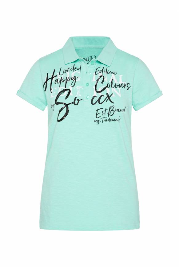Soccx Kurzarmpolo mit Print und Pailletten neo aqua Fabrik Onlineshop