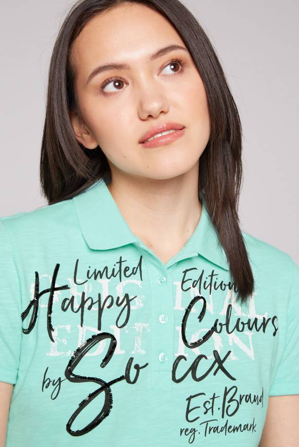Soccx Kurzarmpolo mit Print und Pailletten neo aqua Fabrik Onlineshop