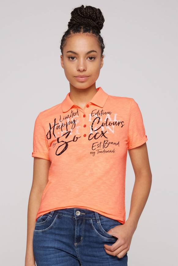 Soccx Kurzarmpolo mit Print und Pailletten neon orange Fabrikpreis