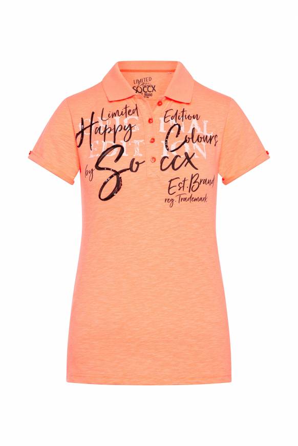 Soccx Kurzarmpolo mit Print und Pailletten neon orange Fabrikpreis
