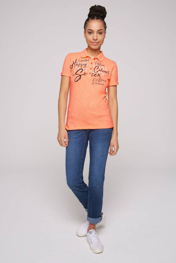 Soccx Kurzarmpolo mit Print und Pailletten neon orange Fabrikpreis