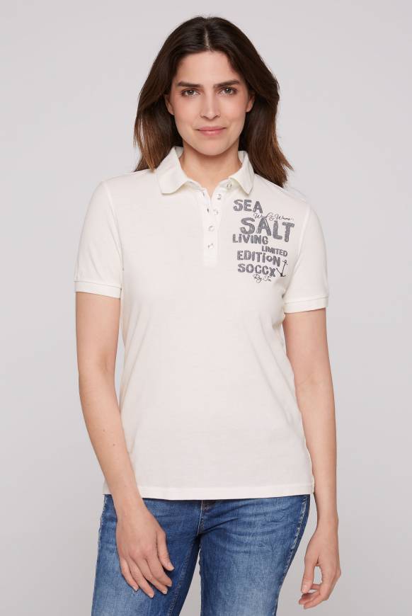 Soccx Poloshirt aus Pikee mit Glitter Print ivory Flash Sale
