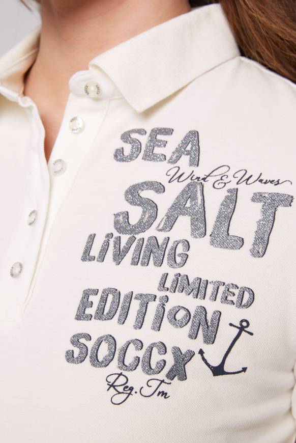 Soccx Poloshirt aus Pikee mit Glitter Print ivory Flash Sale