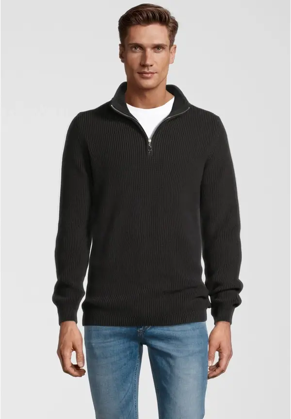 Steffen Klein Pullover Troyer Stehkragen Reißverschluss in Schwarz Black Friday Preise