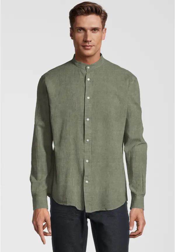 Steffen Klein Hemd Stehbund Leinen-Mix in khaki Neueste Mode