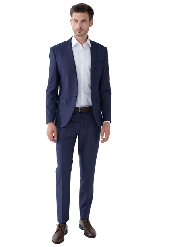 Steffen Klein 2-Teiliger Slim Fit Business Anzug Smoking 2-Knopf Sakko in marine strukturiert JETZT KAUFEN